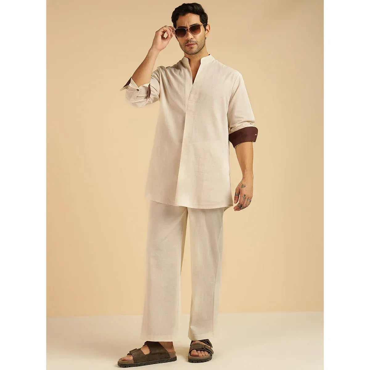 Premium Off White Solid Pure Cotton Shirt With Pants Co-Ord Set for Men, photo 1 of 4