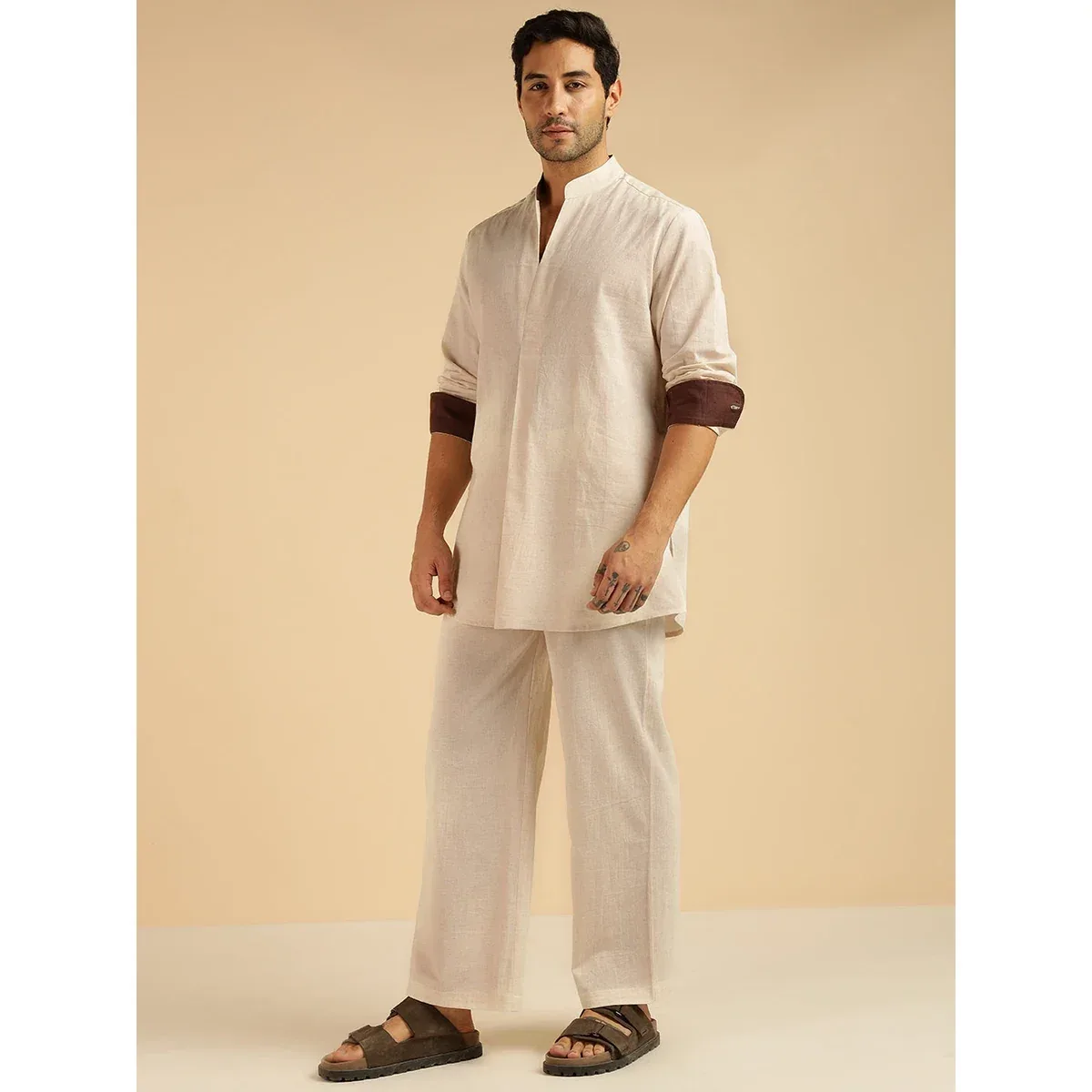 Premium Off White Solid Pure Cotton Shirt With Pants Co-Ord Set for Men, photo 4 of 4