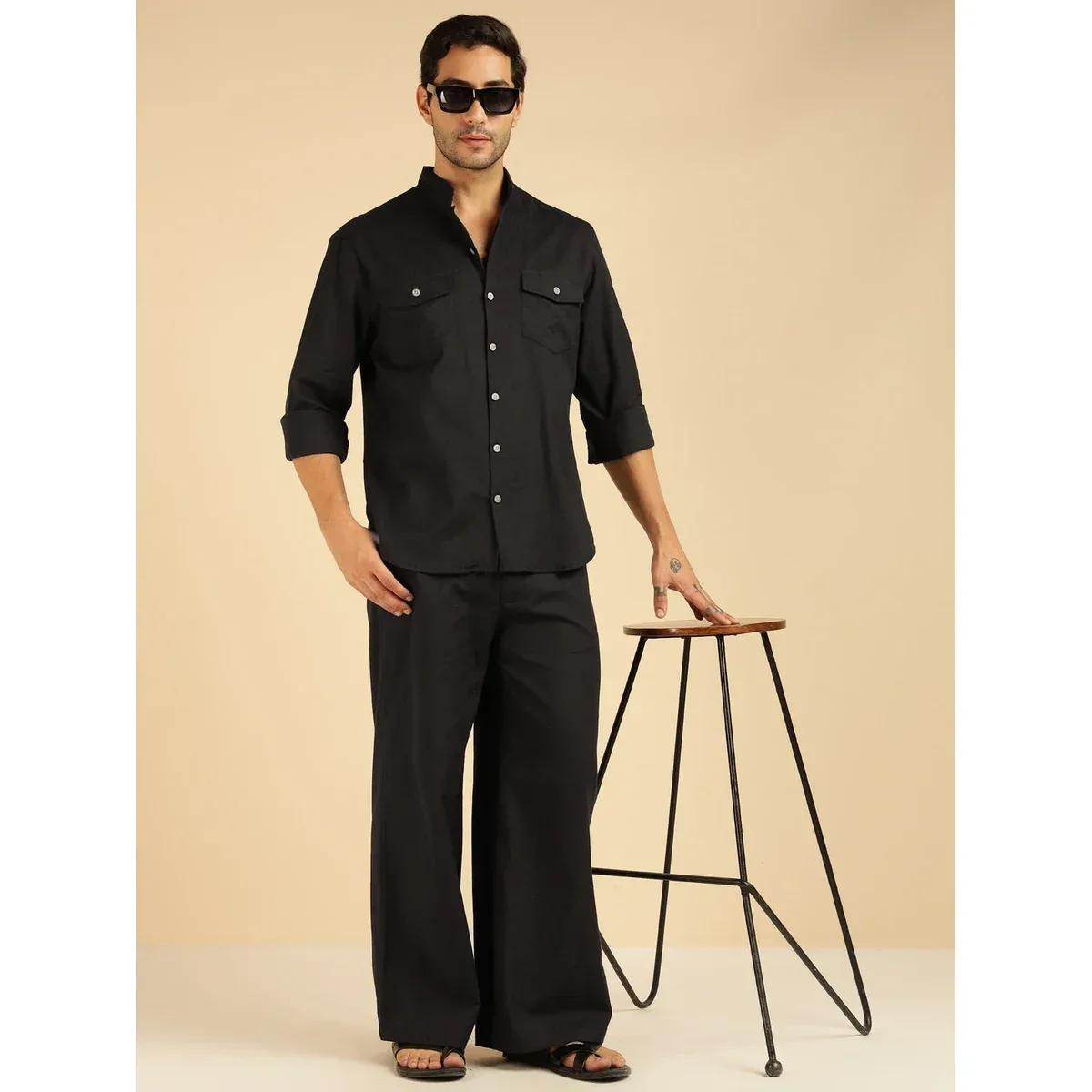 Premium Black Solid Pure Cotton Shirt With Pants Co-Ord Set for Men, photo 1 of 4