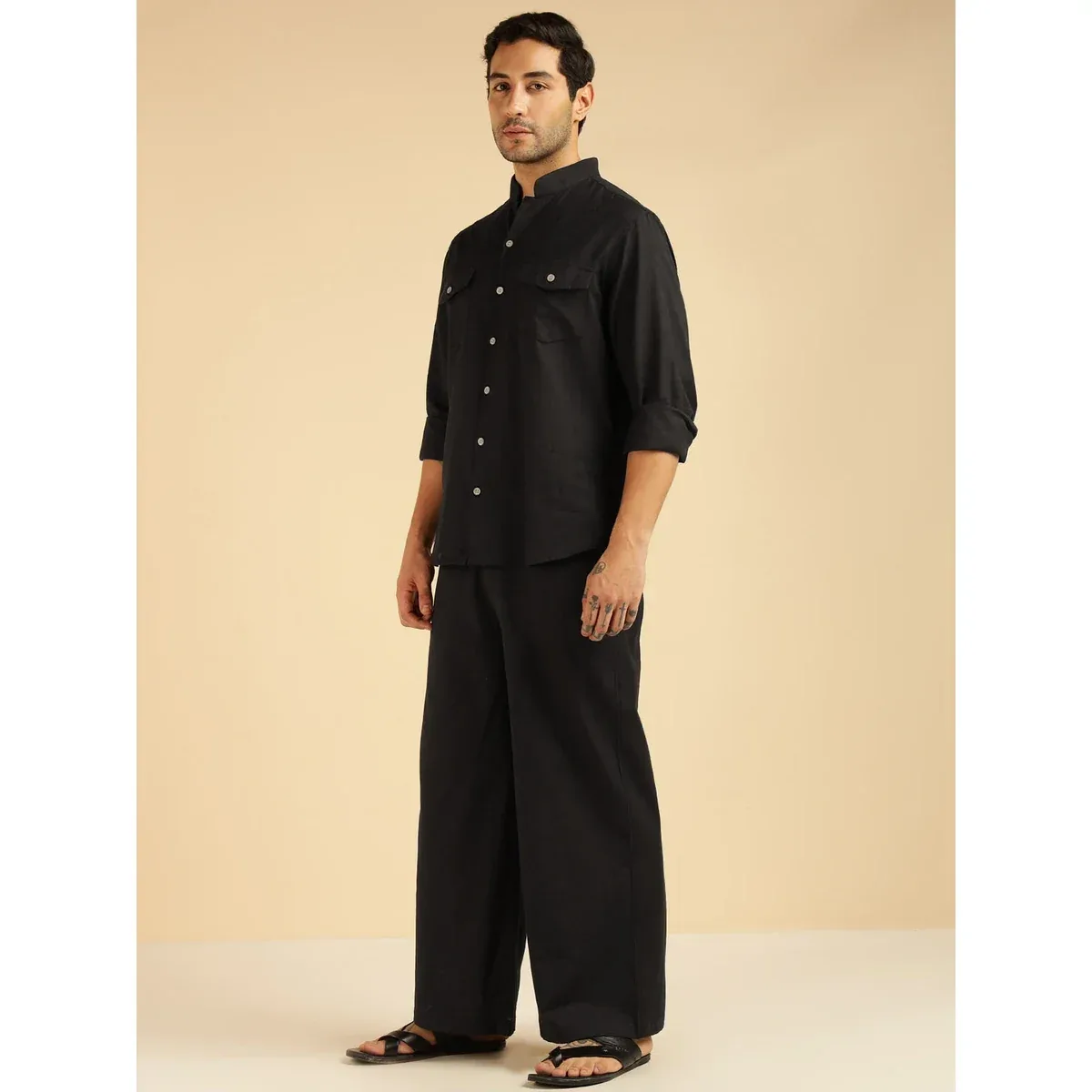 Premium Black Solid Pure Cotton Shirt With Pants Co-Ord Set for Men, photo 4 of 4