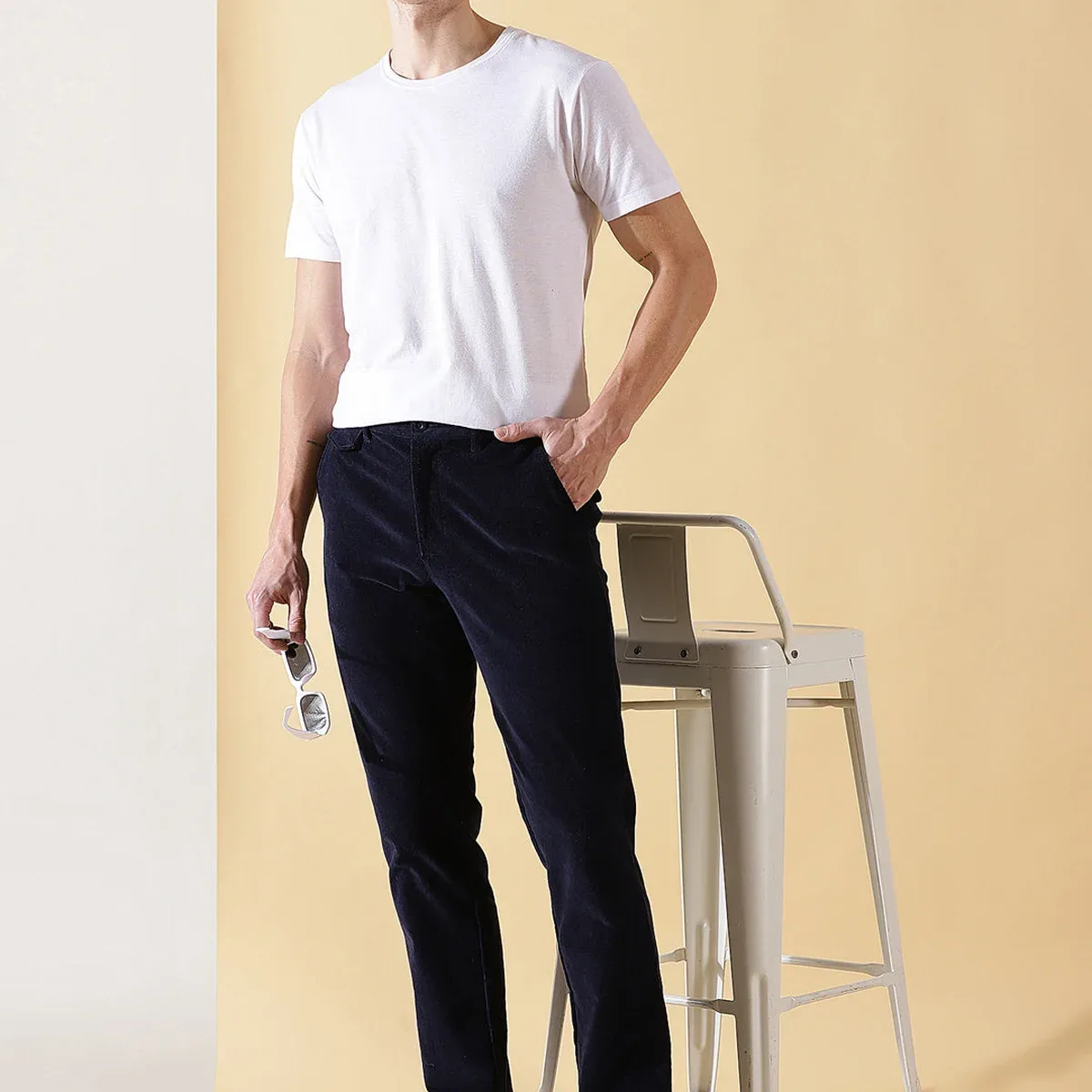 Navy Smart Slim Fit Easy Wash Corduroy Chinos Trouser For Men, photo 4 of 4