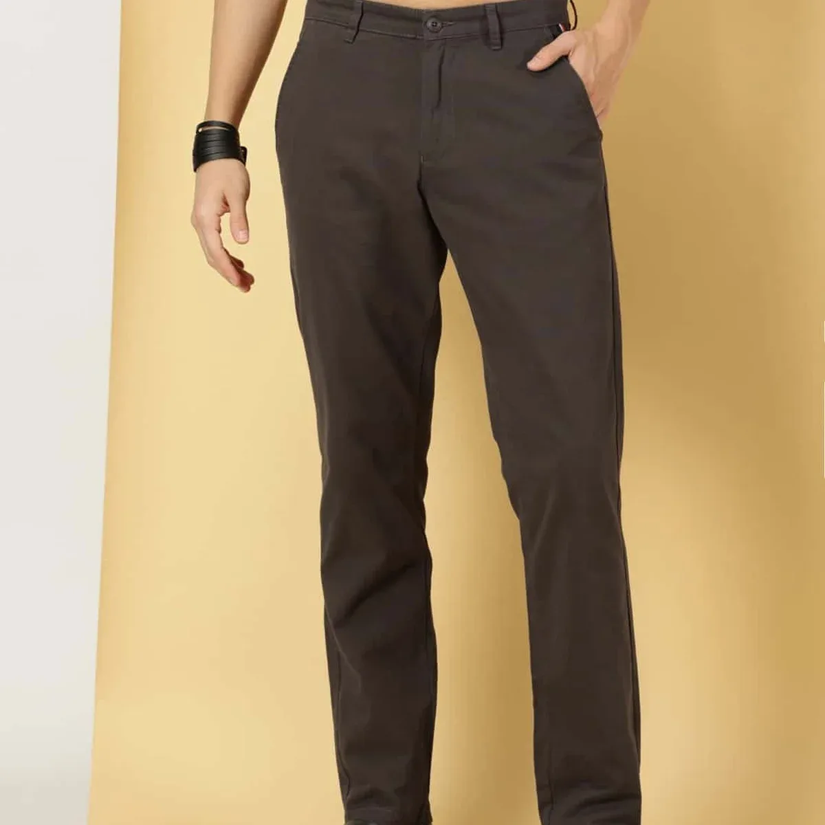 Grey Smart Slim Fit Pure Cotton Mid-Rise Chinos Trouser For Men, photo 4 of 4