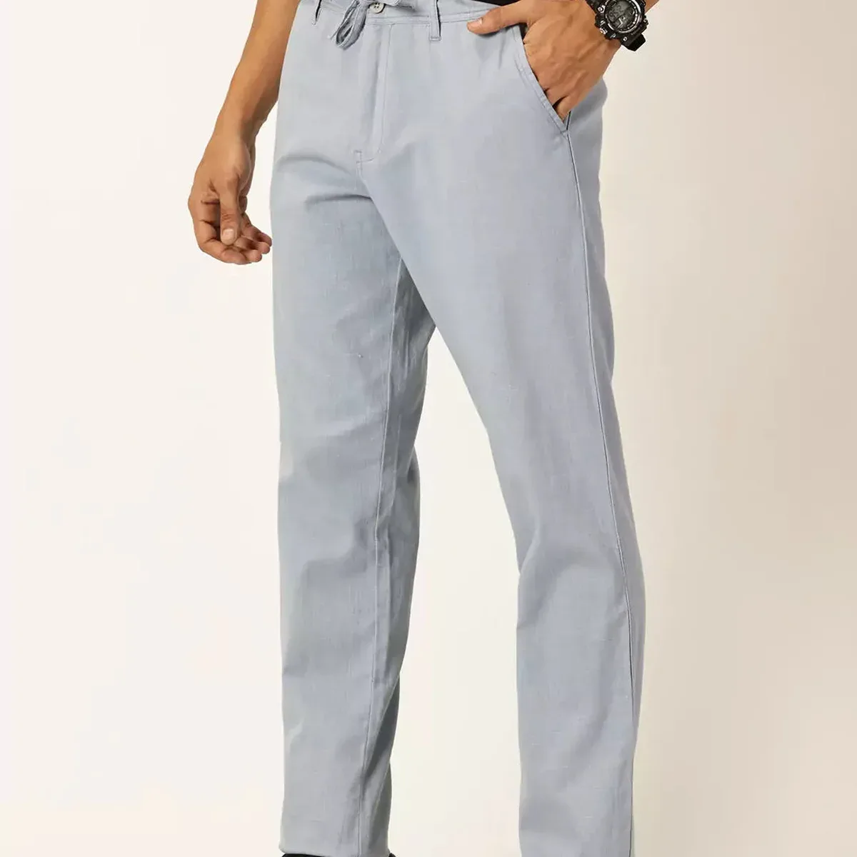 Mid Blue Smart Regular Fit Mid-Rise Cotton Linen Woven Chinos Trouser For Men, photo 1 of 4