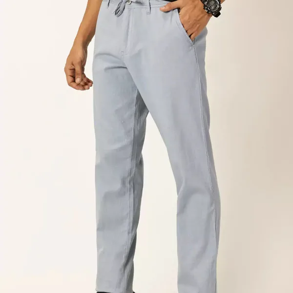 Mid Blue Smart Regular Fit Mid-Rise Cotton Linen Woven Chinos Trouser For Men