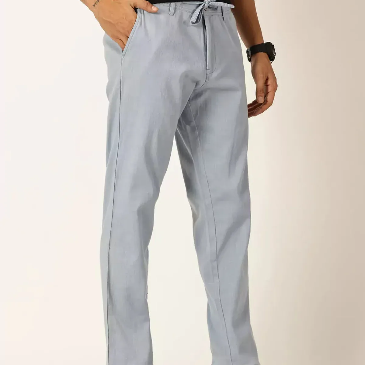 Mid Blue Smart Regular Fit Mid-Rise Cotton Linen Woven Chinos Trouser For Men, photo 2 of 4