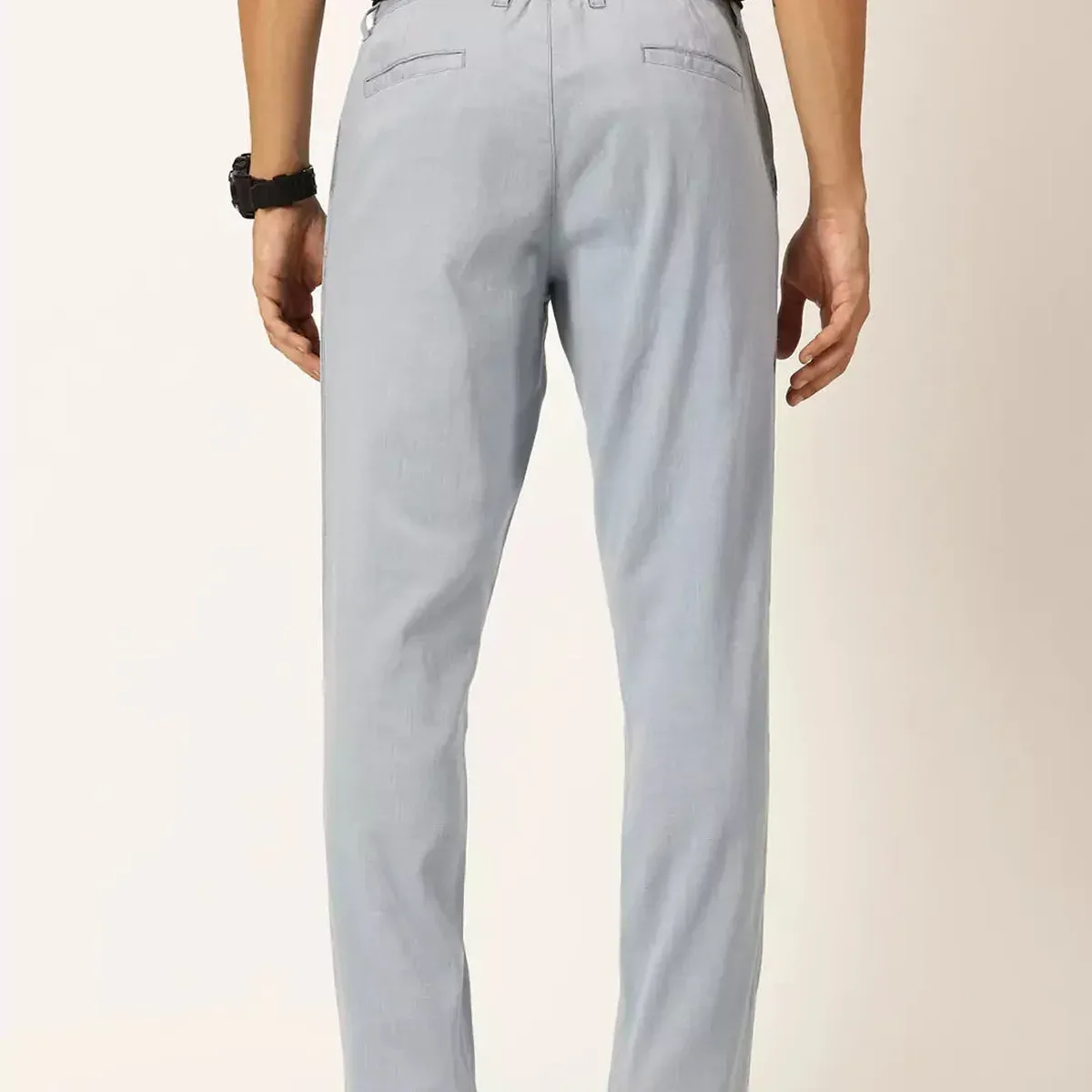 Mid Blue Smart Regular Fit Mid-Rise Cotton Linen Woven Chinos Trouser For Men, photo 3 of 4
