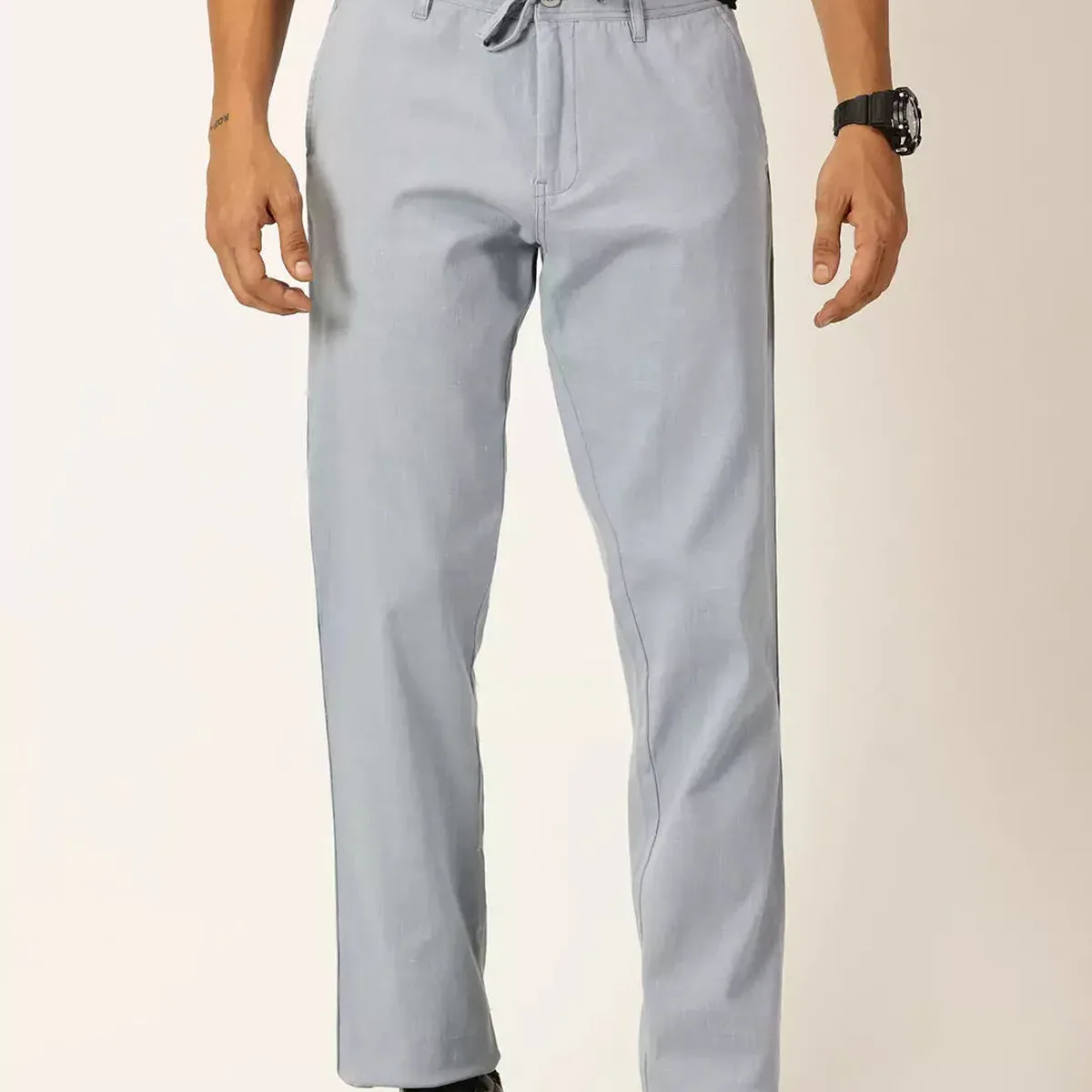 Mid Blue Smart Regular Fit Mid-Rise Cotton Linen Woven Chinos Trouser For Men, photo 4 of 4