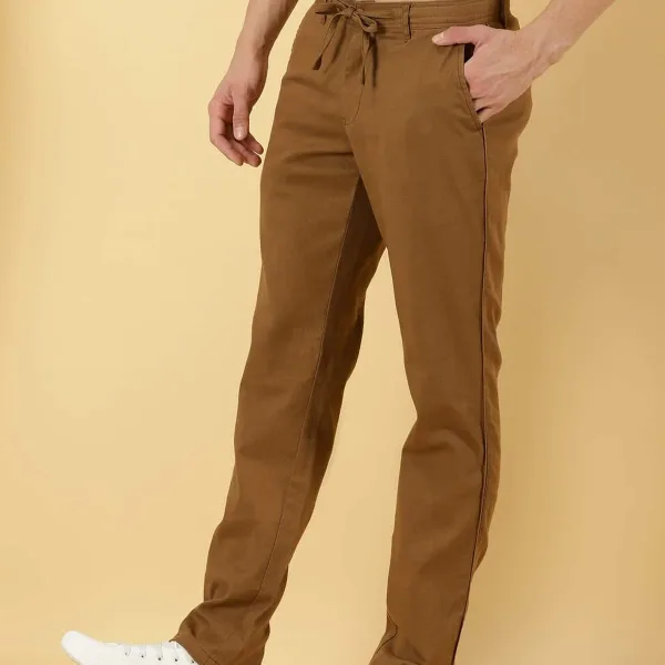 Brown Smart Regular Fit Mid-Rise Cotton Linen Woven Chinos Trouser For Men