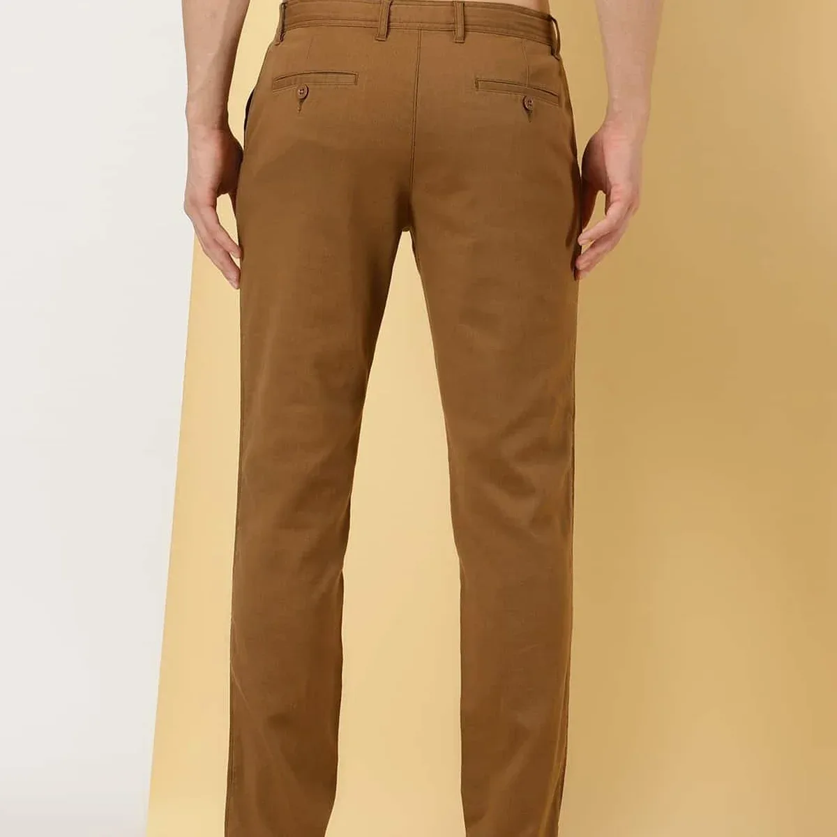 Brown Smart Regular Fit Mid-Rise Cotton Linen Woven Chinos Trouser For Men, photo 3 of 4