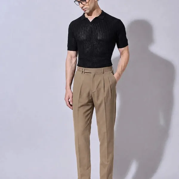 Men's Brown Slim Fit Pleated Formal Trousers with Side Waist Adjuster