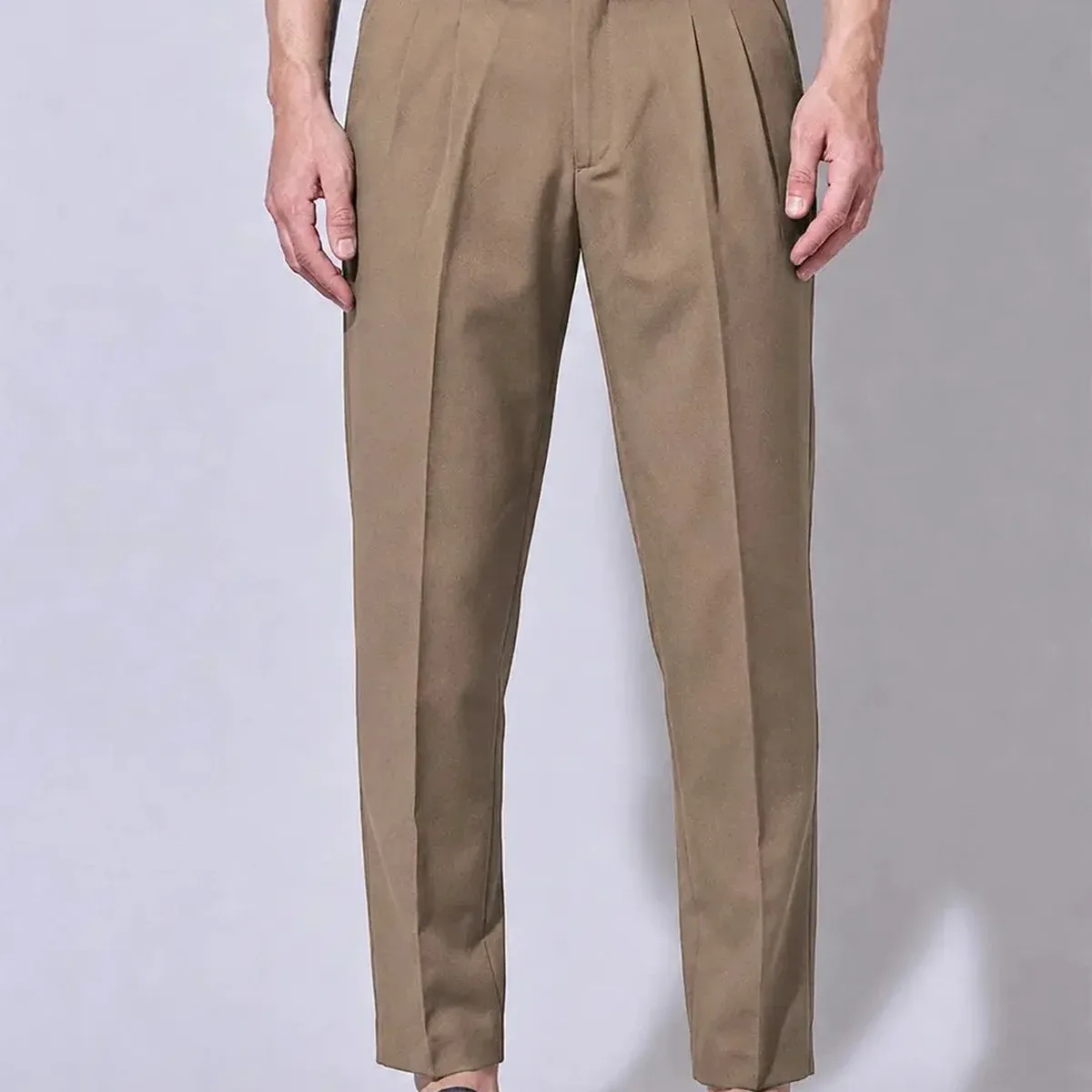 Men's Brown Slim Fit Pleated Formal Trousers with Side Waist Adjuster, photo 2 of 4