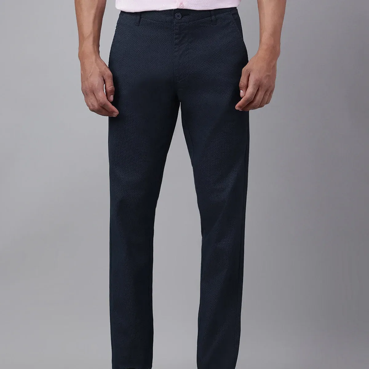 Men Textured Navy Blue Formal Trousers, photo 1 of 4