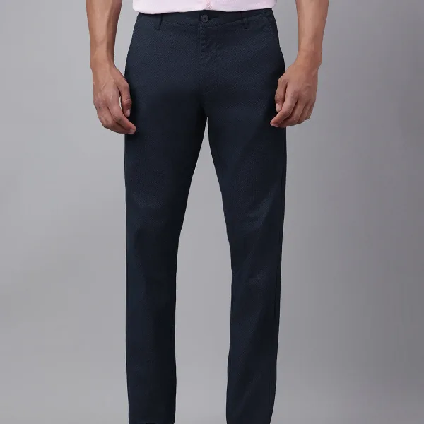 Men Textured Navy Blue Formal Trousers
