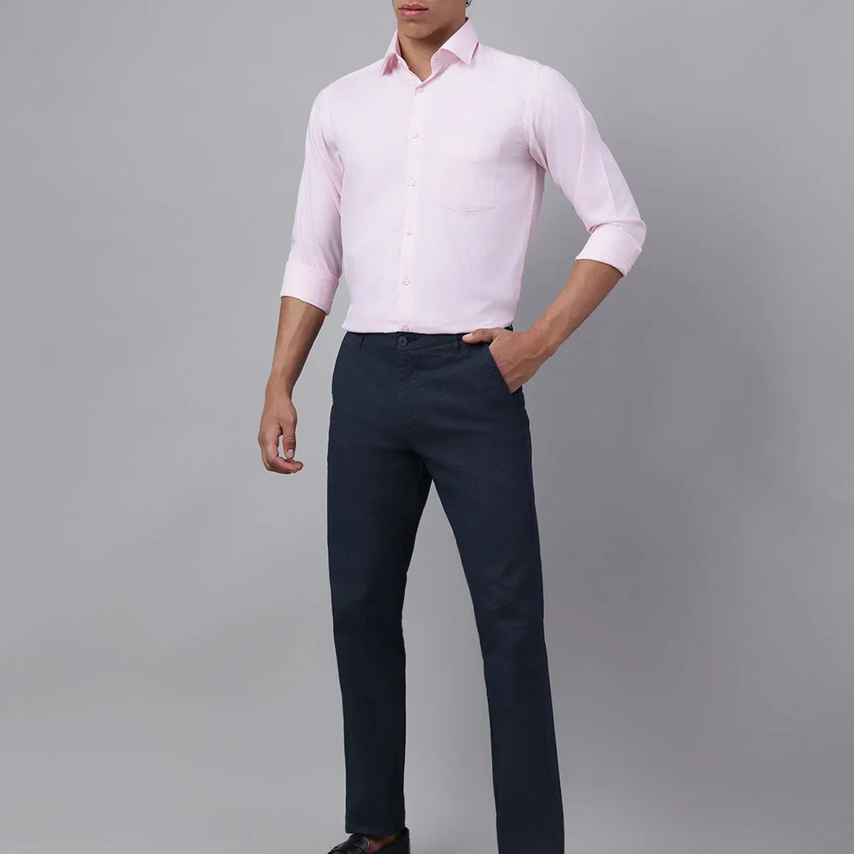 Men Textured Navy Blue Formal Trousers, photo 3 of 4