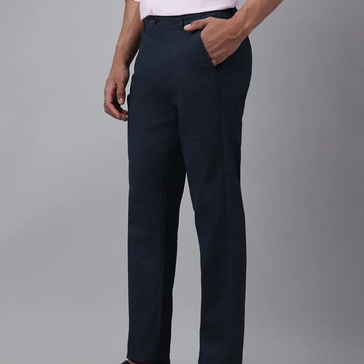 Men Textured Navy Blue Formal Trousers, photo 4 of 4