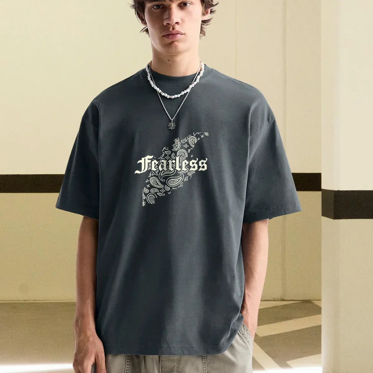 FEARLESS HEART Men Printed Oversized T-Shirt, photo 2 of 4