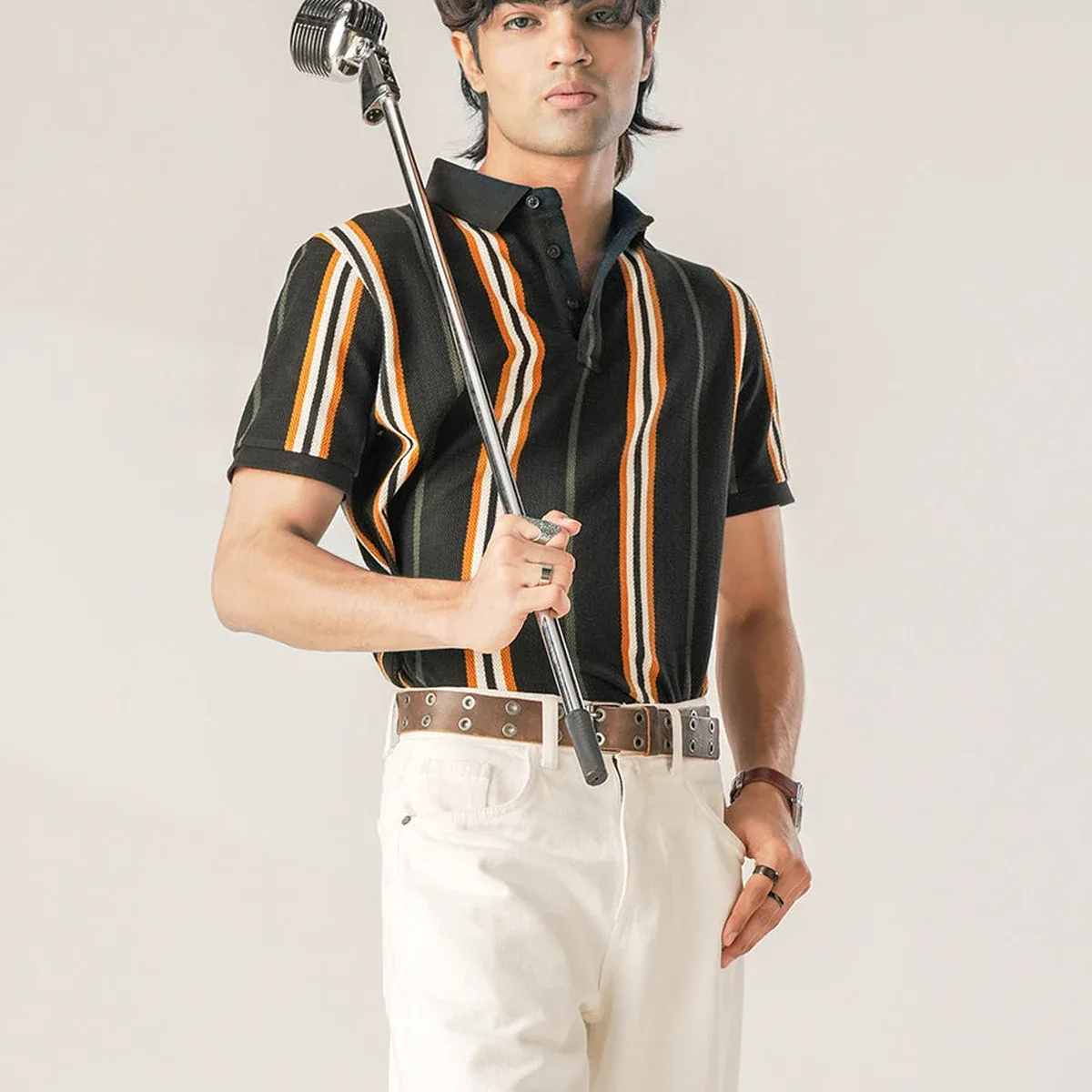 Navy & Mustard Striped Slim Fit Polo T-Shirt, photo 1 of 4