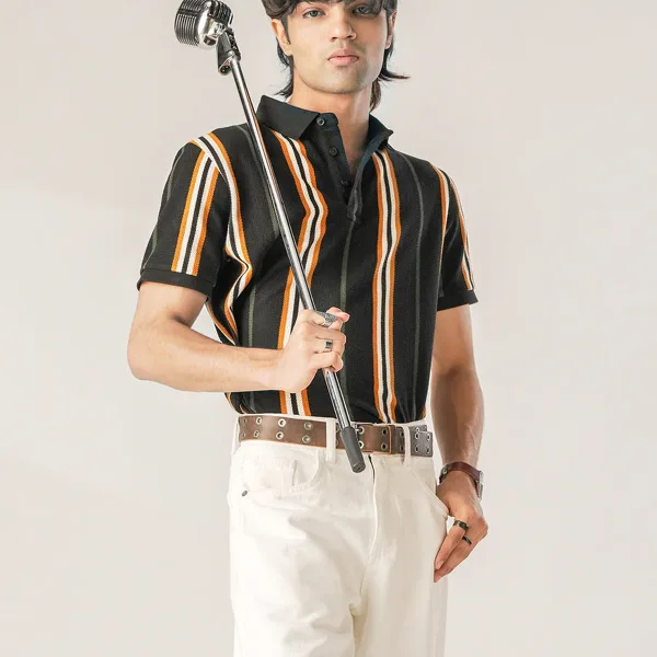 Navy & Mustard Striped Slim Fit Polo T-Shirt
