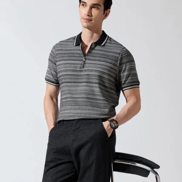 Rusel - Black Striped Half Zip Regular Polo T-Shirt