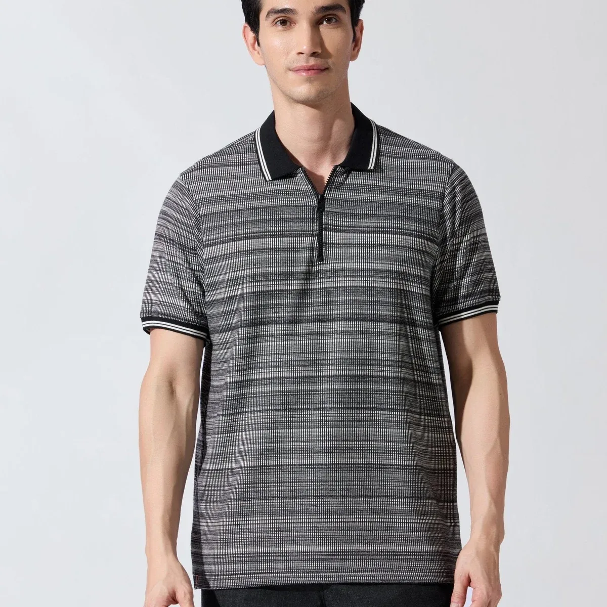 Rusel - Black Striped Half Zip Regular Polo T-Shirt, photo 4 of 4