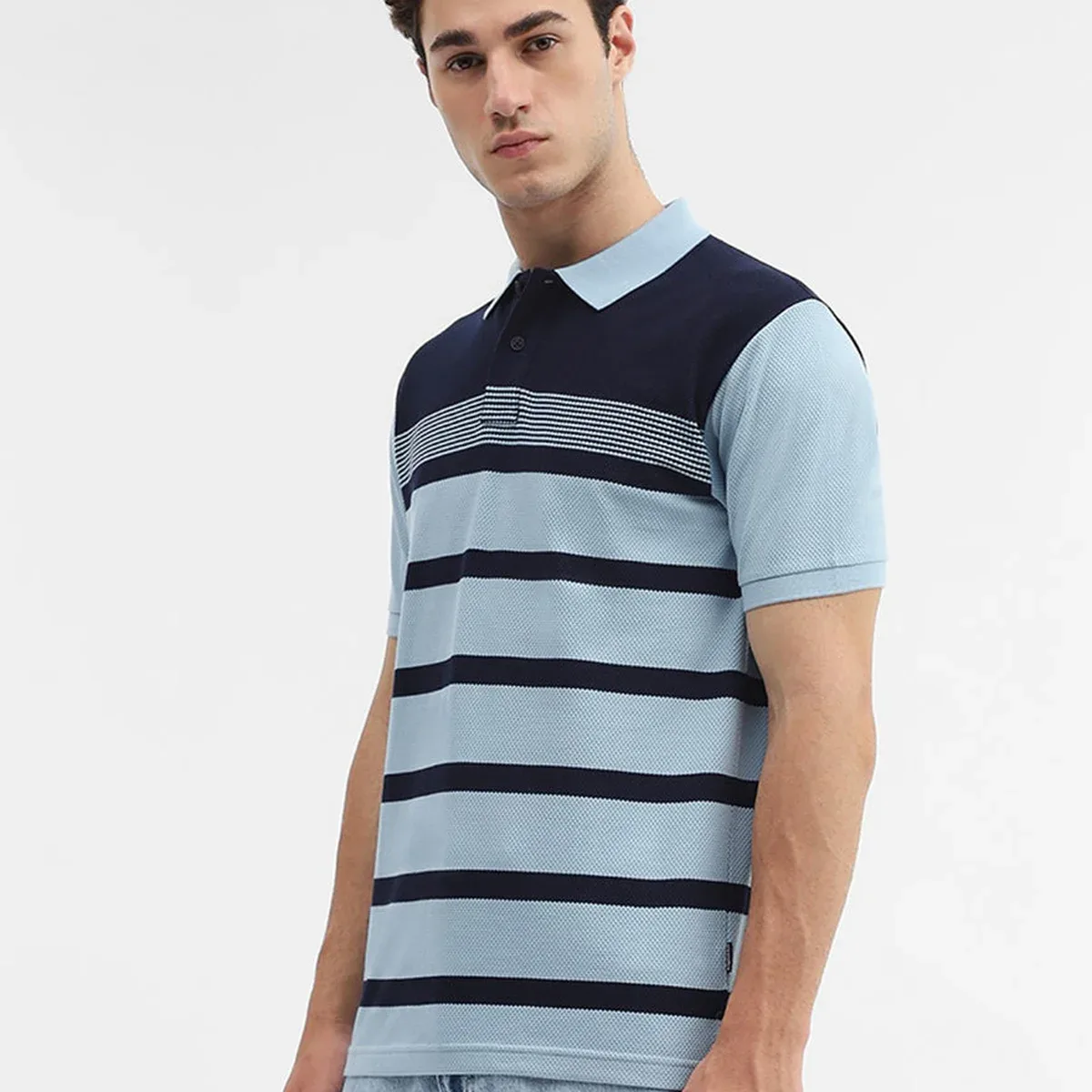 Navy Blue Striped Slim Fit Polo T-Shirt | Greenfibre, photo 4 of 4