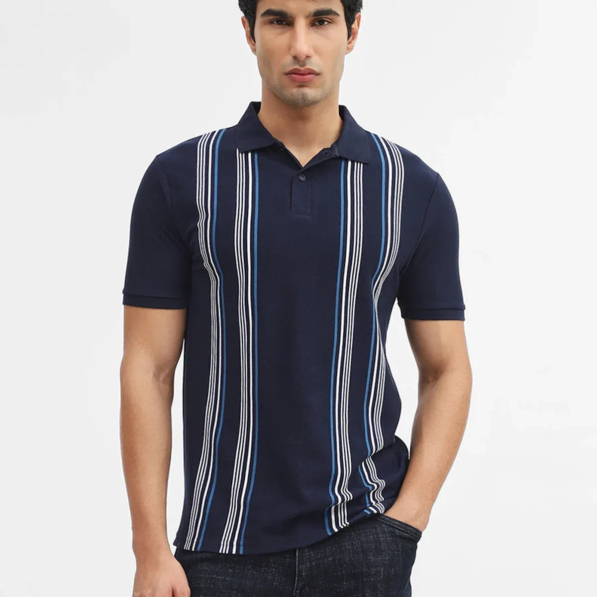 Navy Blue & White Striped Slim Fit Polo T-Shirt | Greenfibre, photo 1 of 4