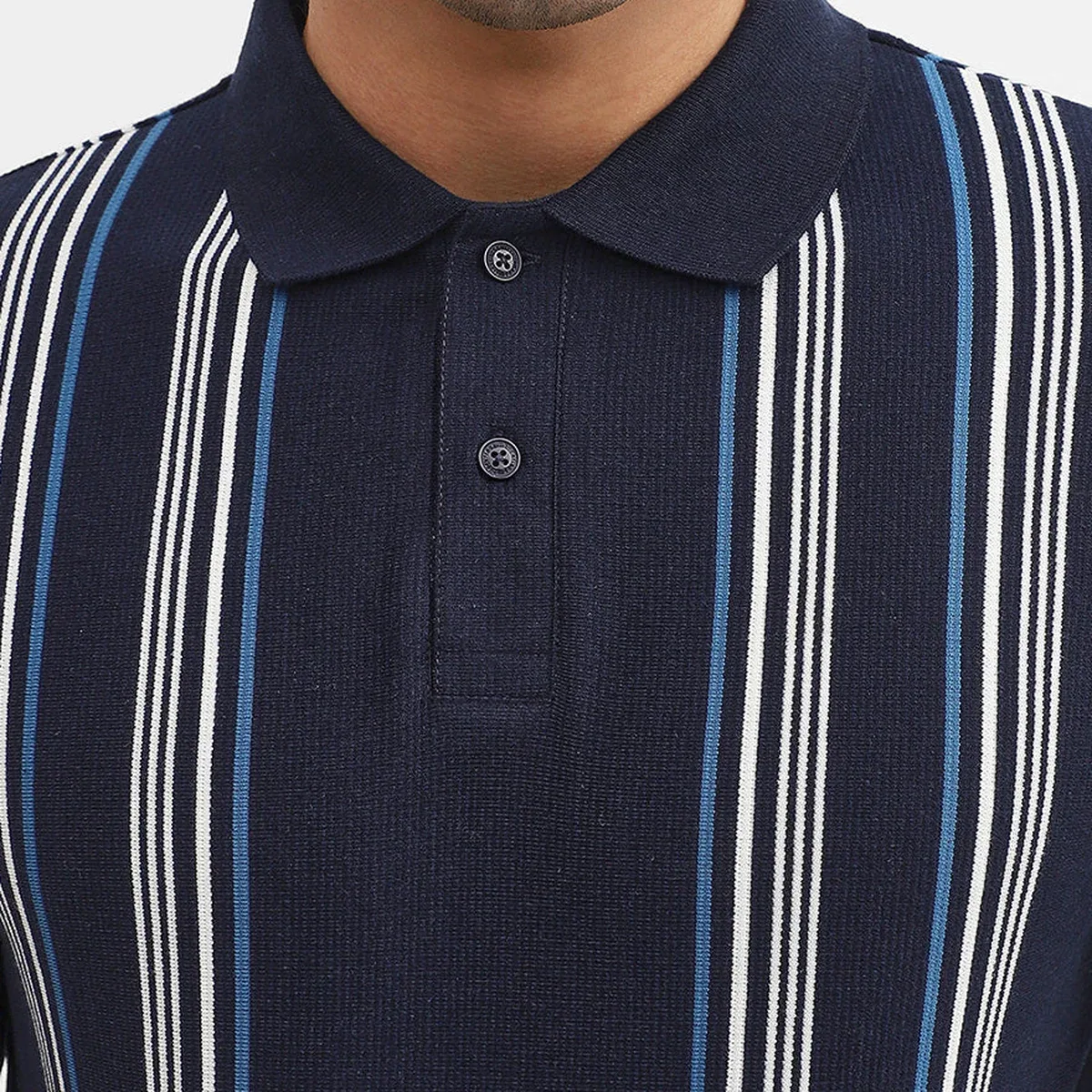 Navy Blue & White Striped Slim Fit Polo T-Shirt | Greenfibre, photo 2 of 4