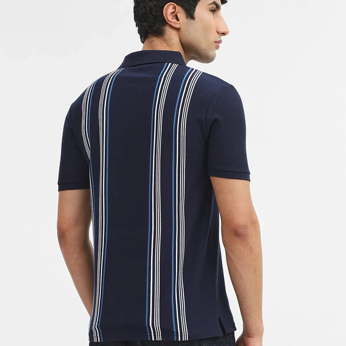 Navy Blue & White Striped Slim Fit Polo T-Shirt | Greenfibre, photo 3 of 4