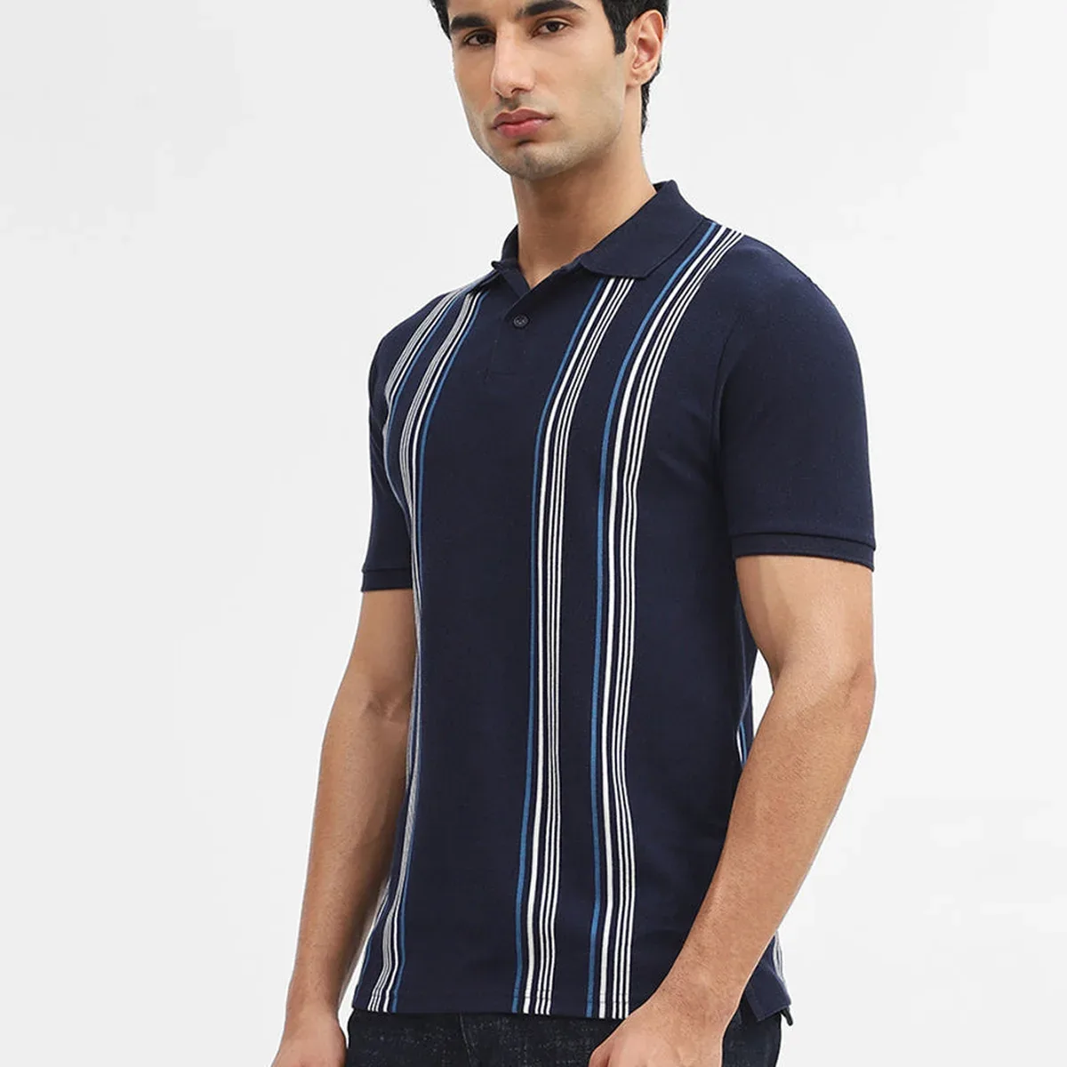 Navy Blue & White Striped Slim Fit Polo T-Shirt | Greenfibre, photo 4 of 4