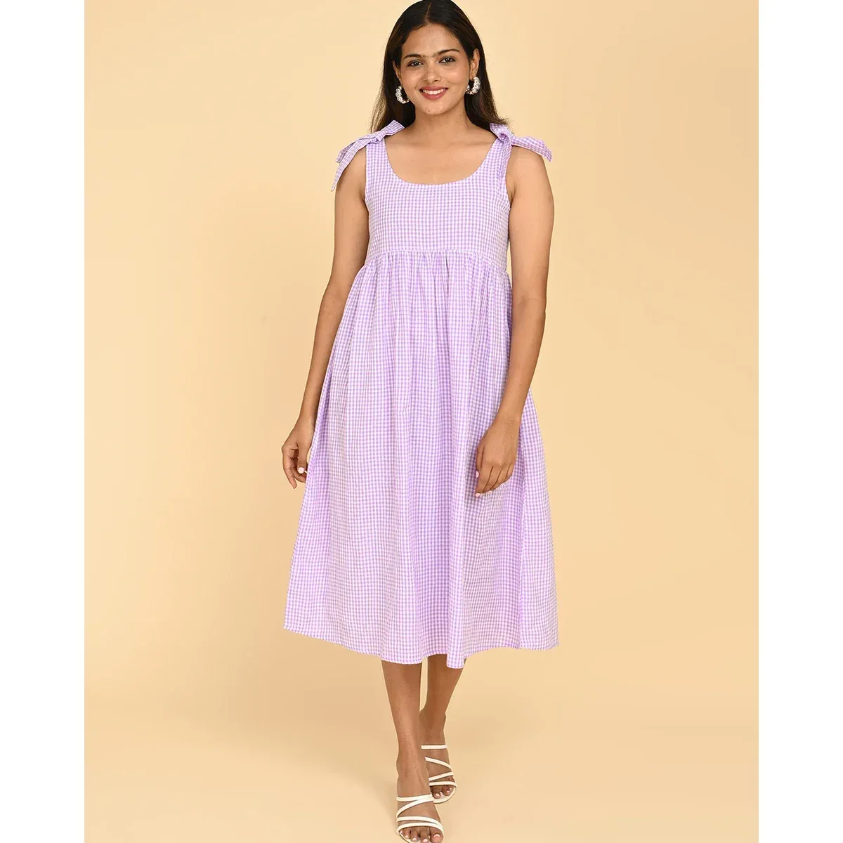 Premium 100% Cotton Check Midi Dress for Women in India - Casual Wear, photo 1 of 4