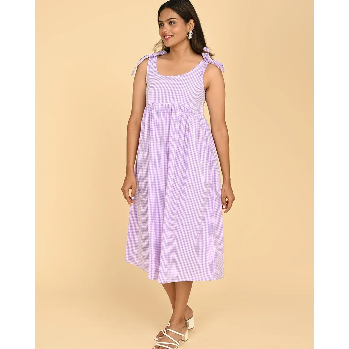Premium 100% Cotton Check Midi Dress for Women in India - Casual Wear, photo 2 of 4