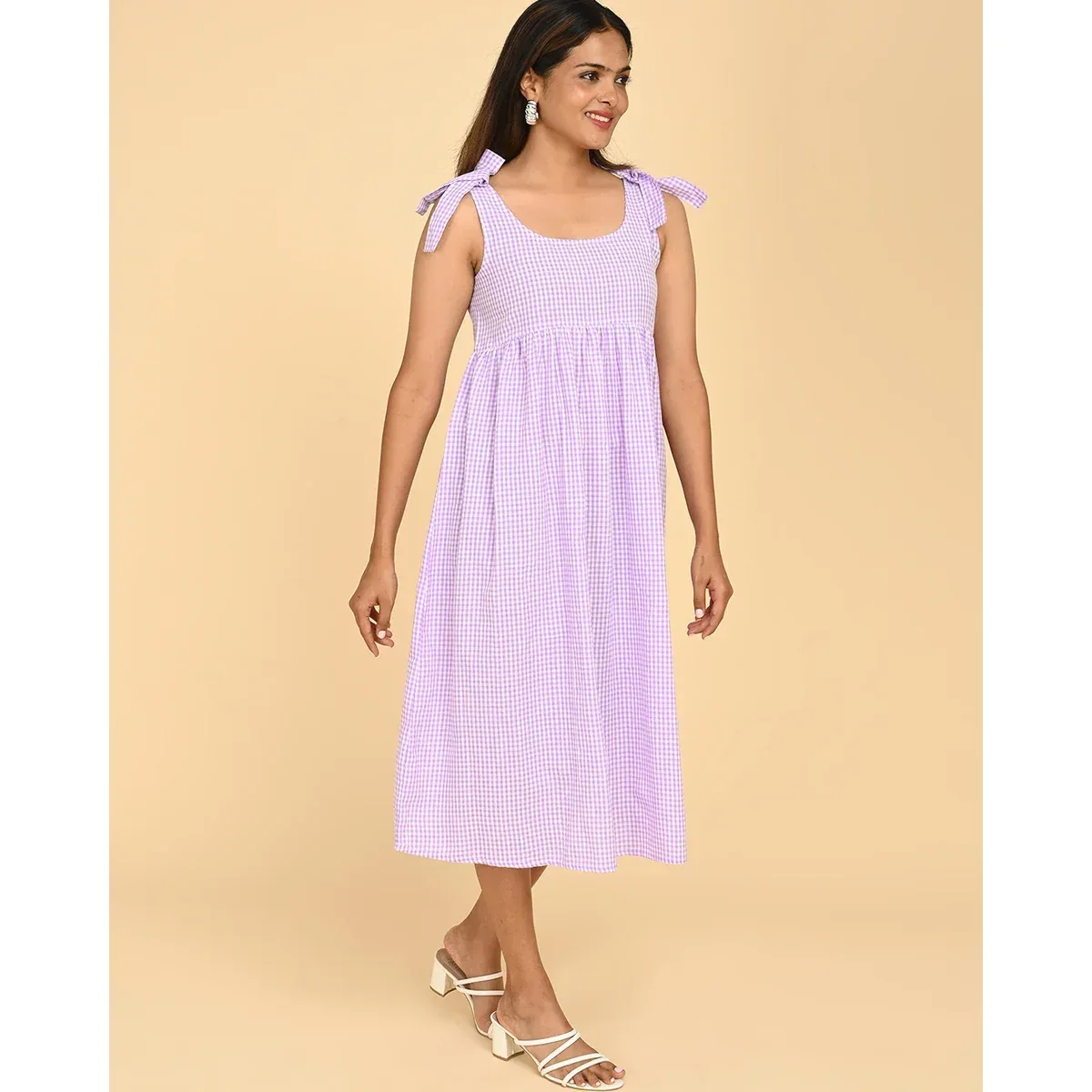 Premium 100% Cotton Check Midi Dress for Women in India - Casual Wear, photo 3 of 4