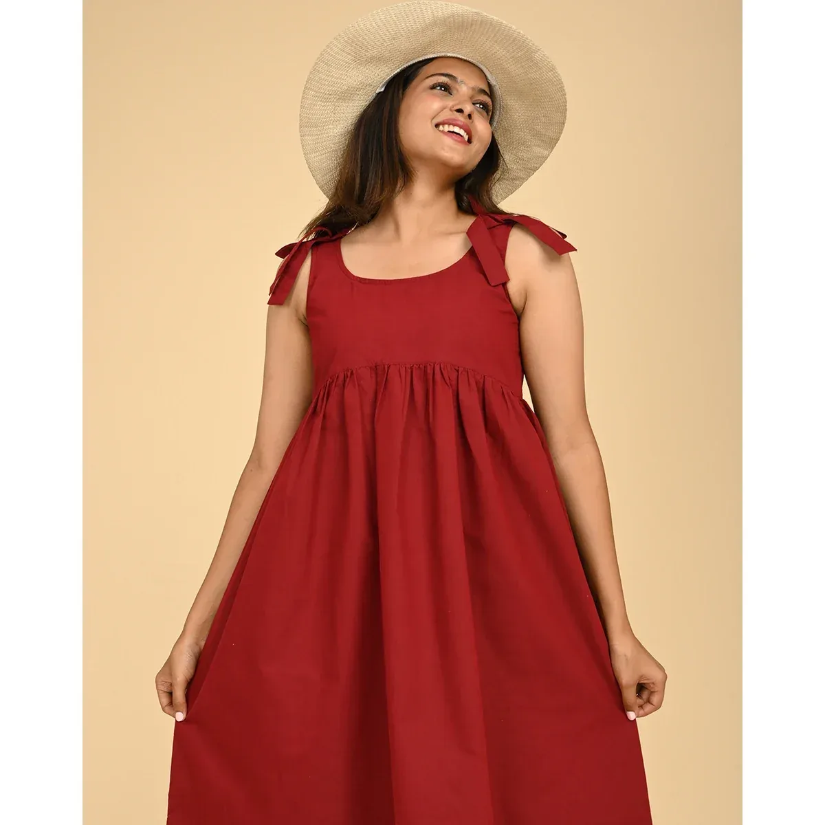 Premium Red Cotton Midi Dress with Bow Straps, photo 1 of 4