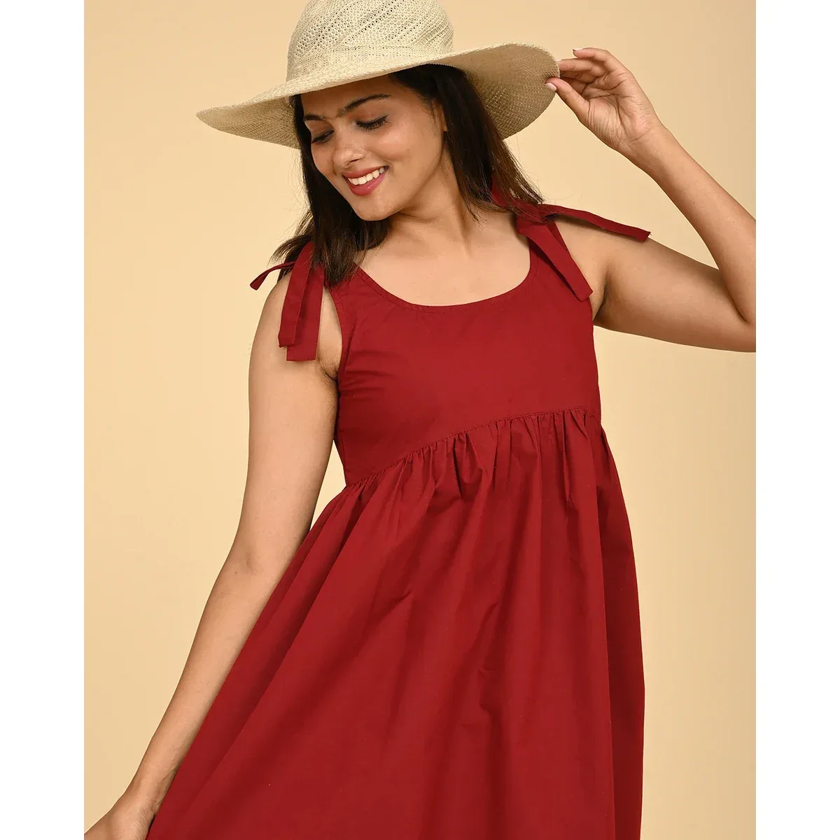 Premium Red Cotton Midi Dress with Bow Straps, photo 2 of 4