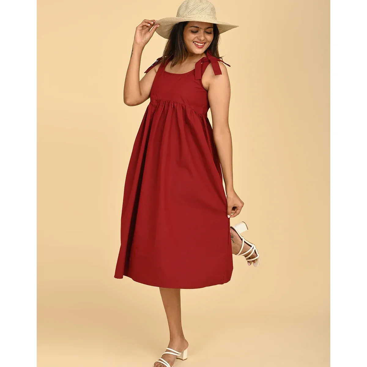Premium Red Cotton Midi Dress with Bow Straps, photo 3 of 4