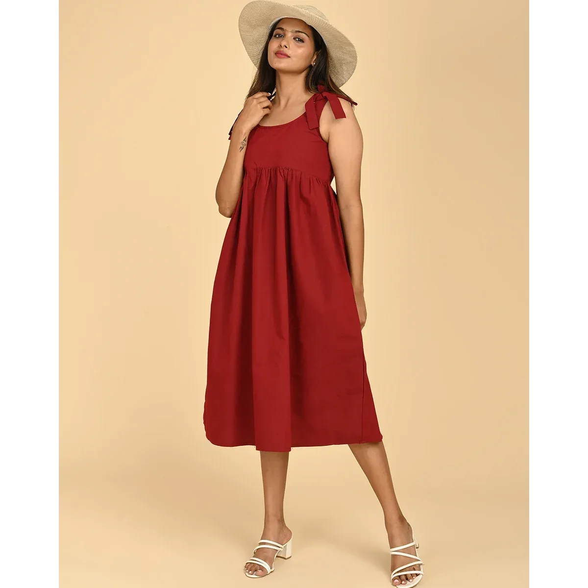 Premium Red Cotton Midi Dress with Bow Straps, photo 4 of 4