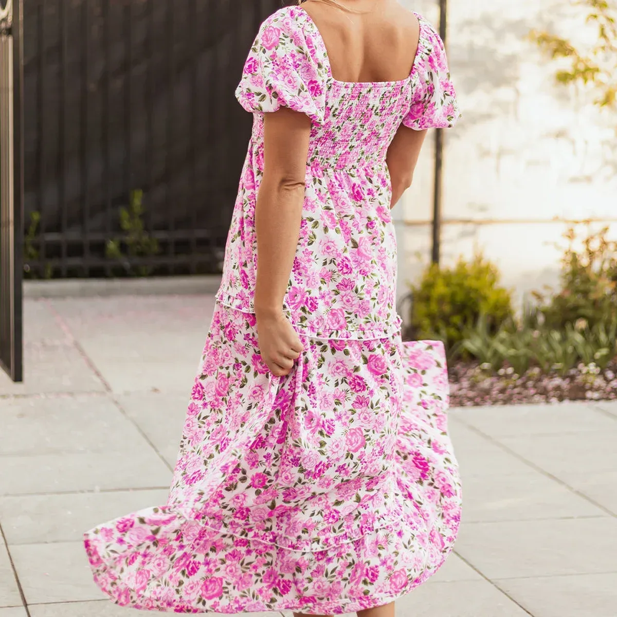 Pink Dainty Floral Smocked Puff Sleeve Flowy Long Dress, photo 2 of 4