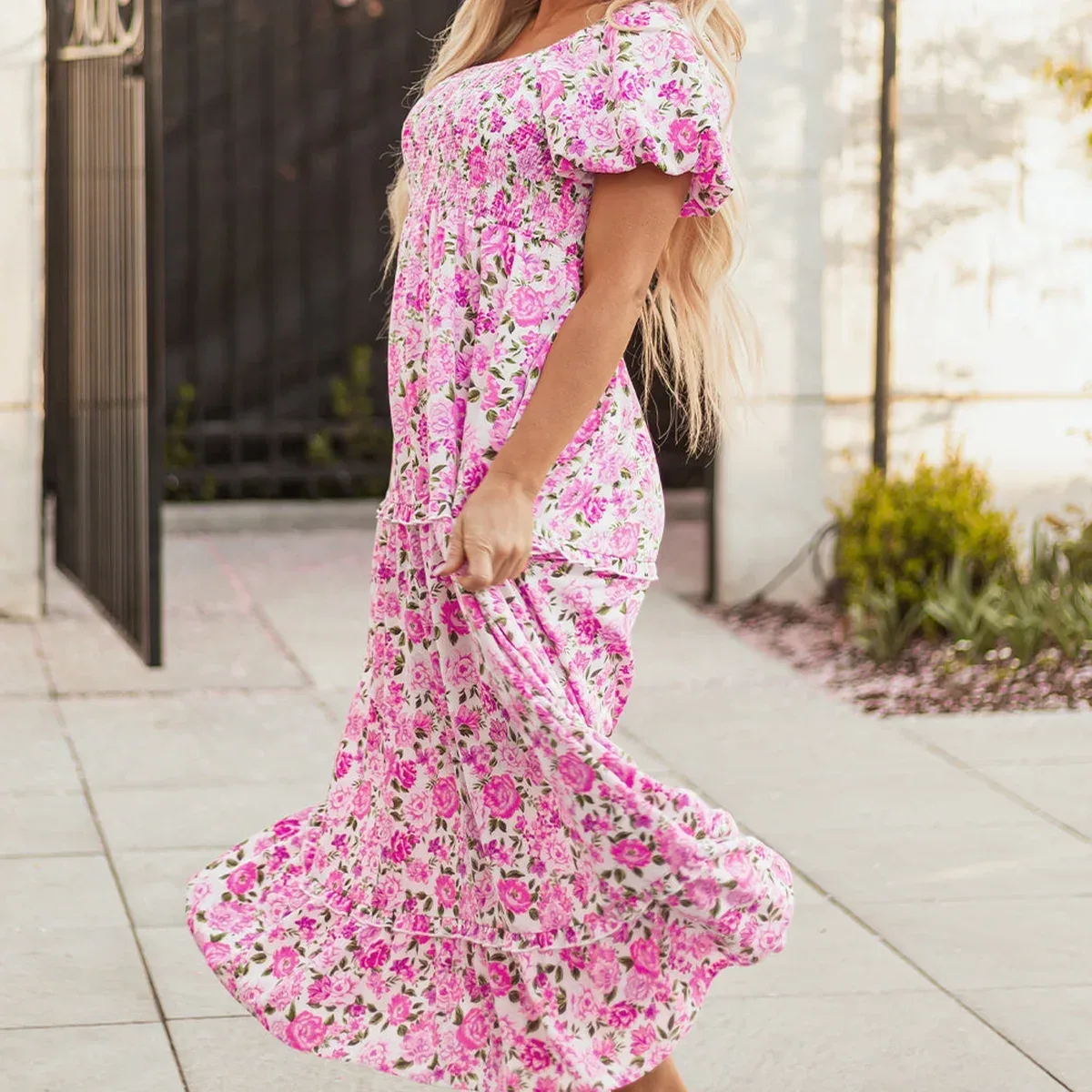 Pink Dainty Floral Smocked Puff Sleeve Flowy Long Dress, photo 3 of 4