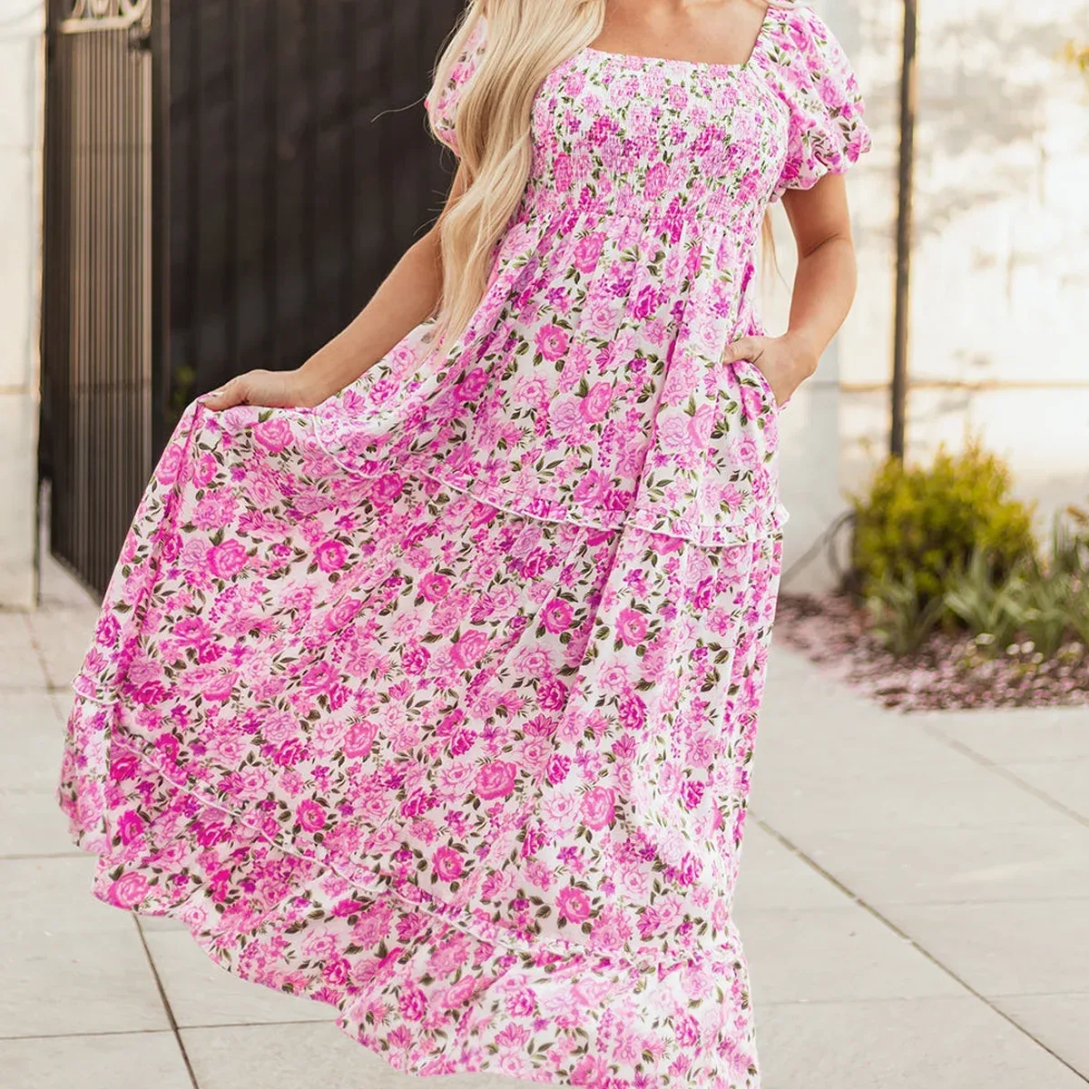 Pink Dainty Floral Smocked Puff Sleeve Flowy Long Dress, photo 4 of 4