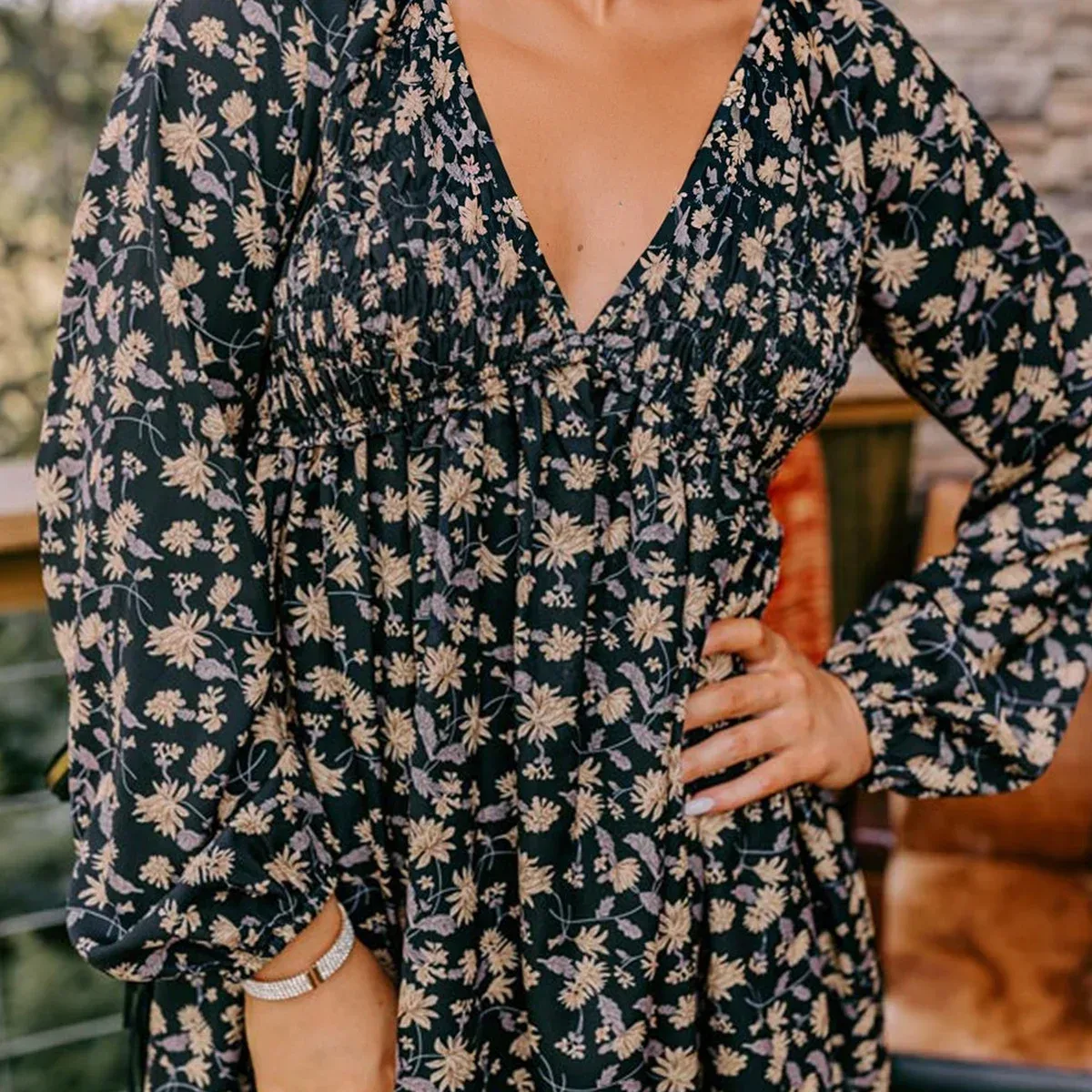 Black Floral Deep V Neck Smocked Bust Bubble Sleeve Babydoll Dress, photo 1 of 4