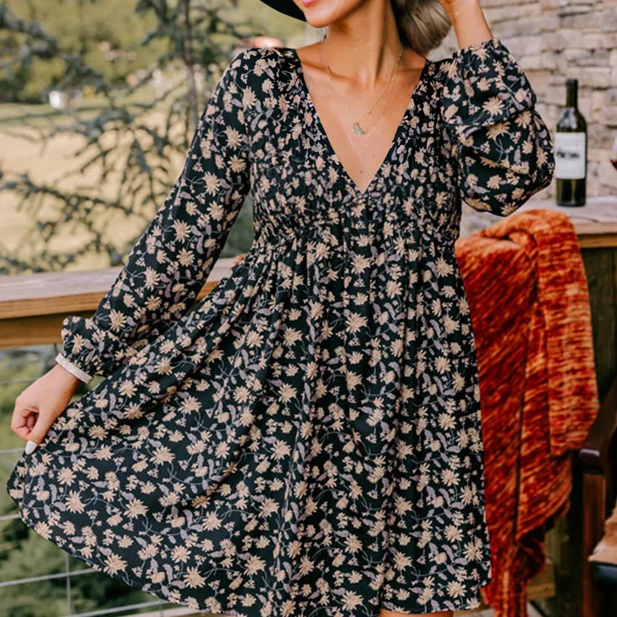 Black Floral Deep V Neck Smocked Bust Bubble Sleeve Babydoll Dress, photo 2 of 4