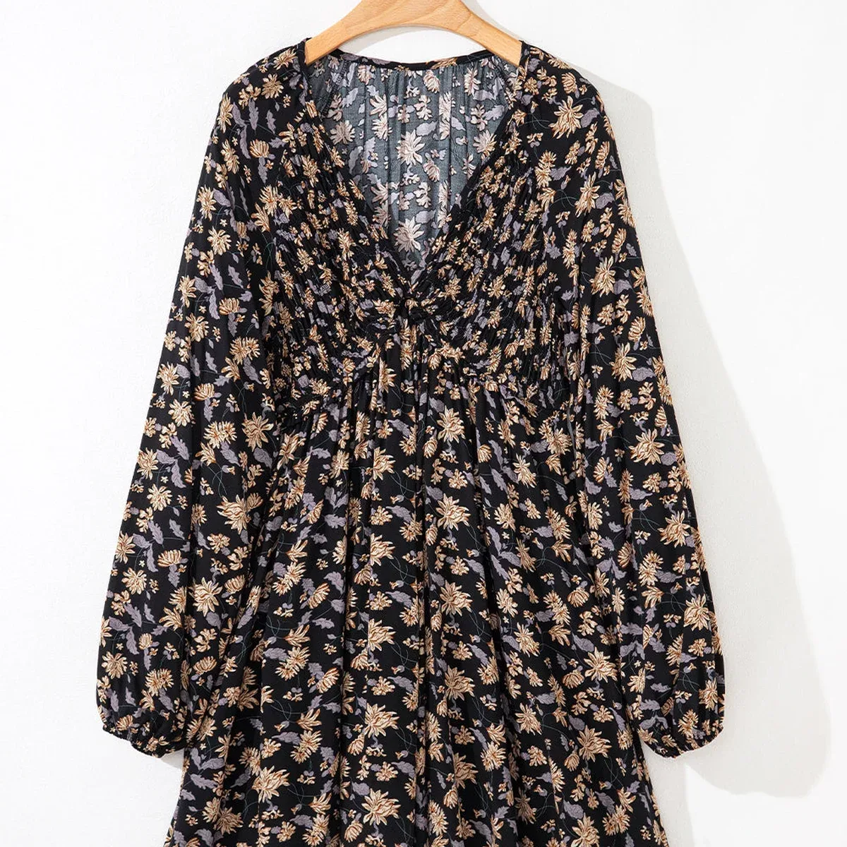 Black Floral Deep V Neck Smocked Bust Bubble Sleeve Babydoll Dress, photo 3 of 4