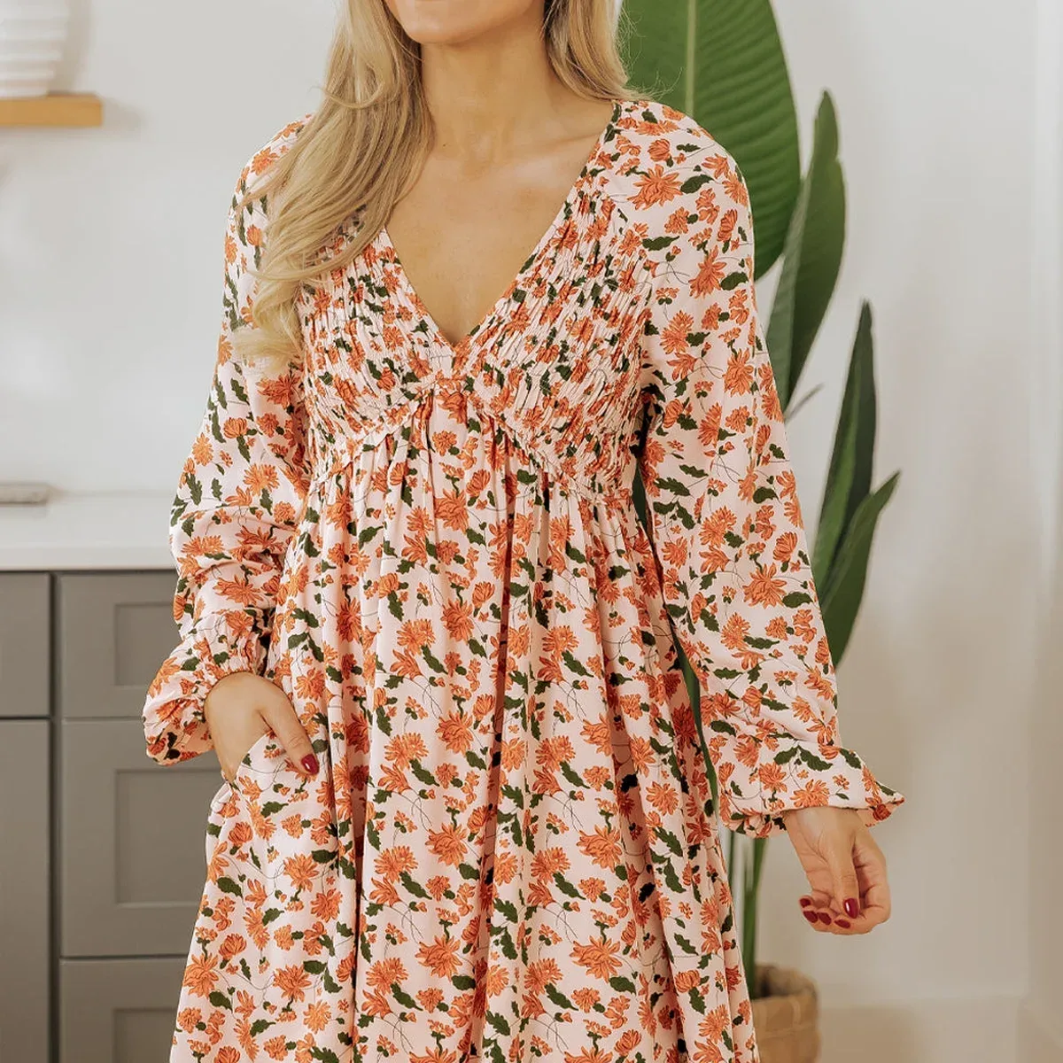 Black Floral Deep V Neck Smocked Bust Bubble Sleeve Babydoll Dress, photo 4 of 4