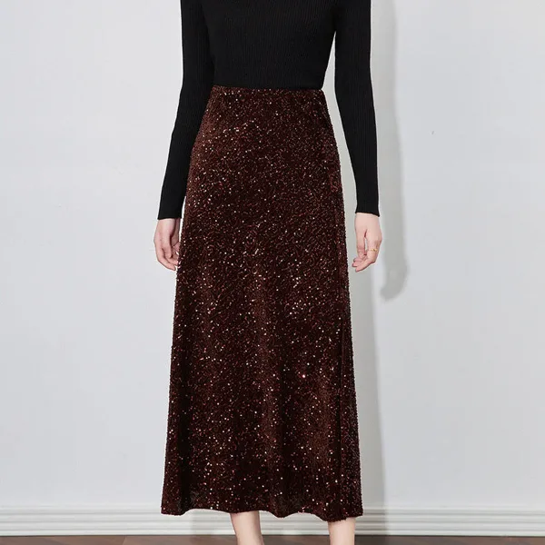 Velvet-Shine Sequin A-Line Midi Skirt