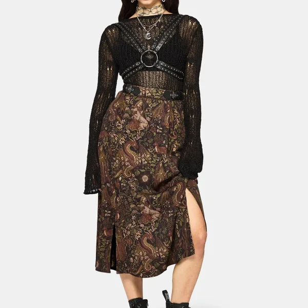 Haunt Medieval Print Buckle Midi Skirt