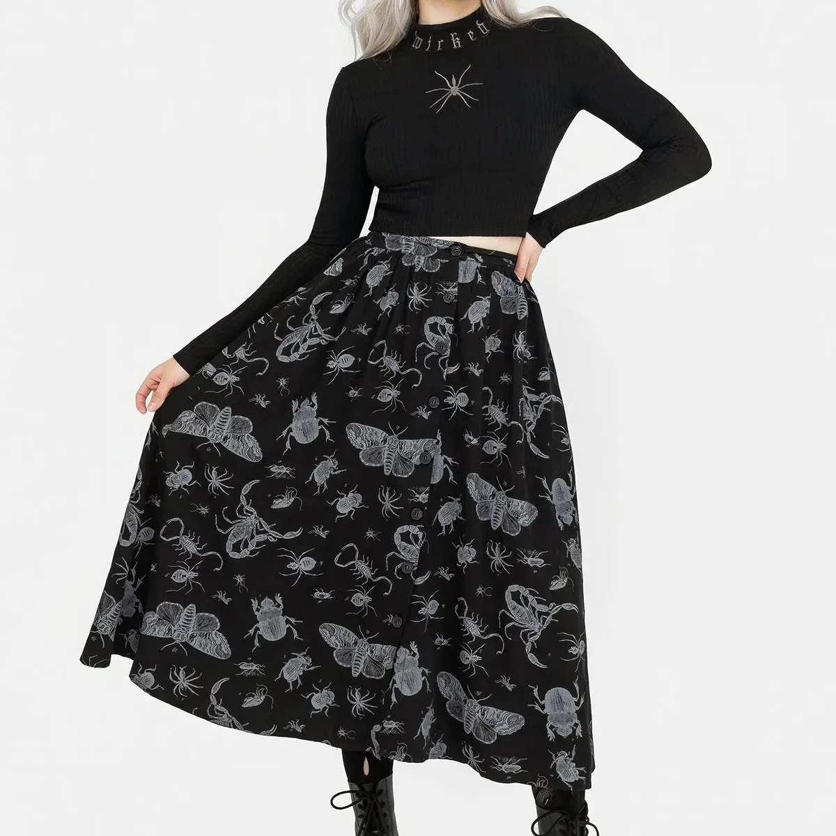 Parasite Bugs Button Front Midi Skirt - Black, photo 4 of 4