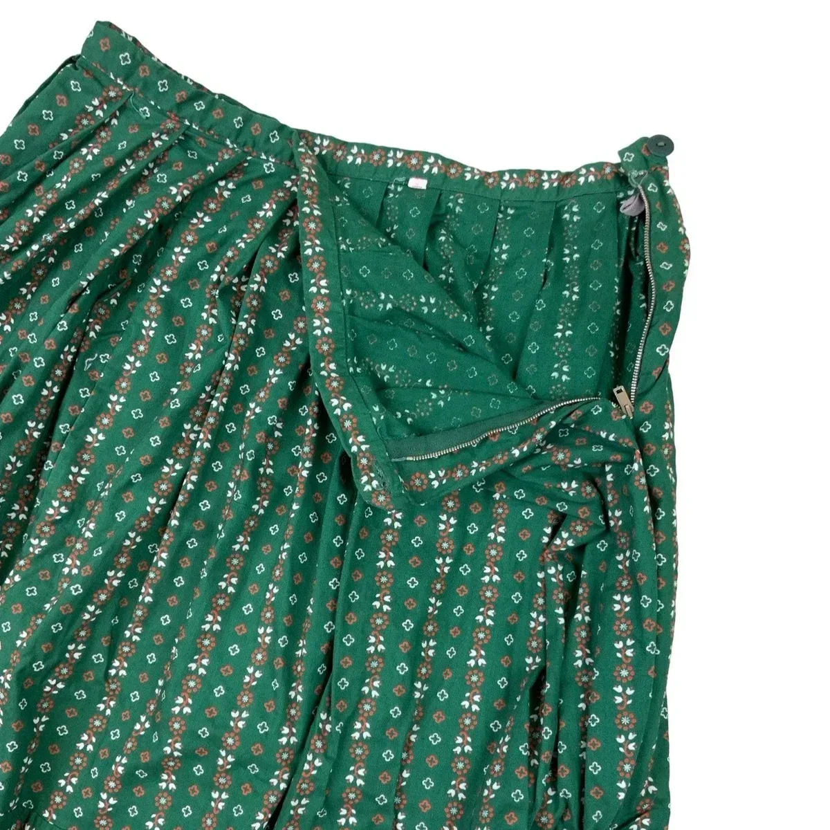 Vintage 60s 70s Green Red Floral Pleated Midi Skirt XS 4 6, photo 3 of 4