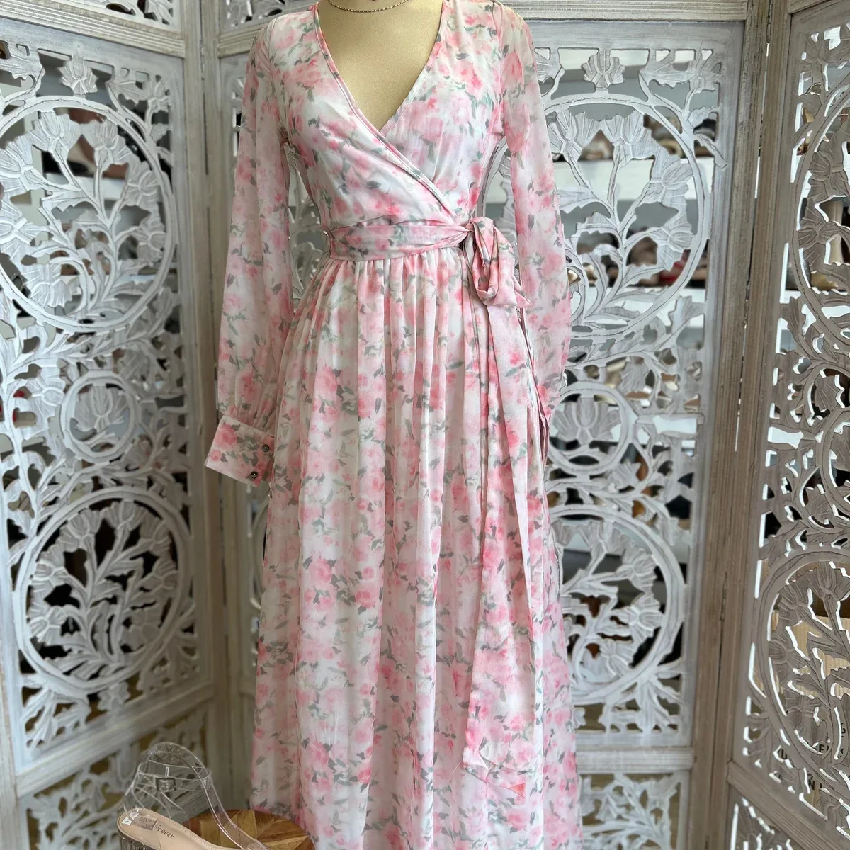 Pink Floral Wrapped Maxi Dress- Slightly Stretchy, photo 1 of 4