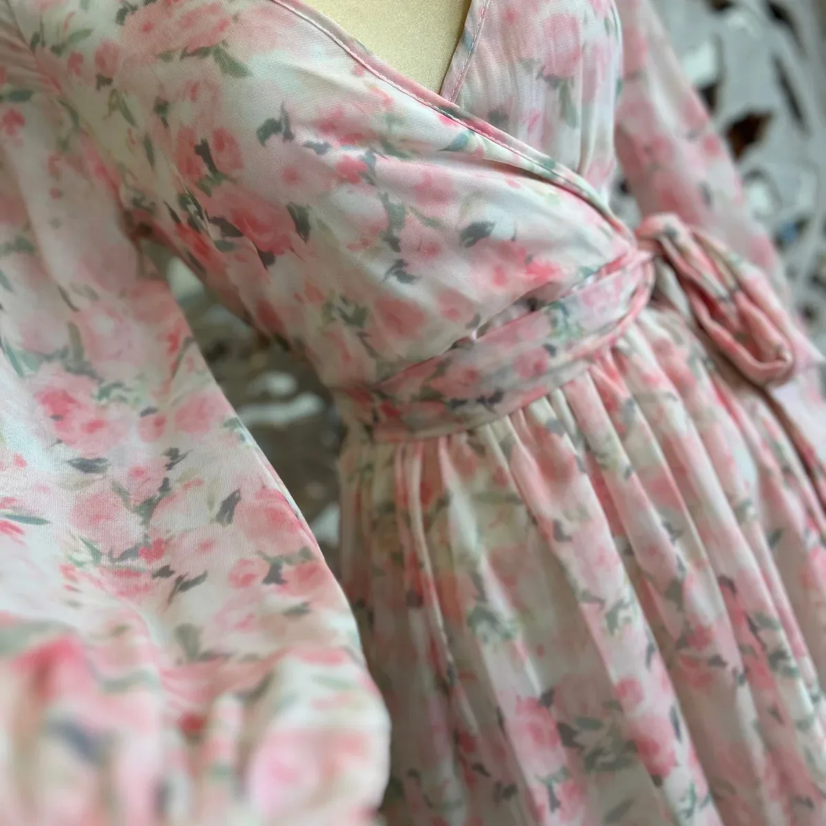 Pink Floral Wrapped Maxi Dress- Slightly Stretchy, photo 3 of 4