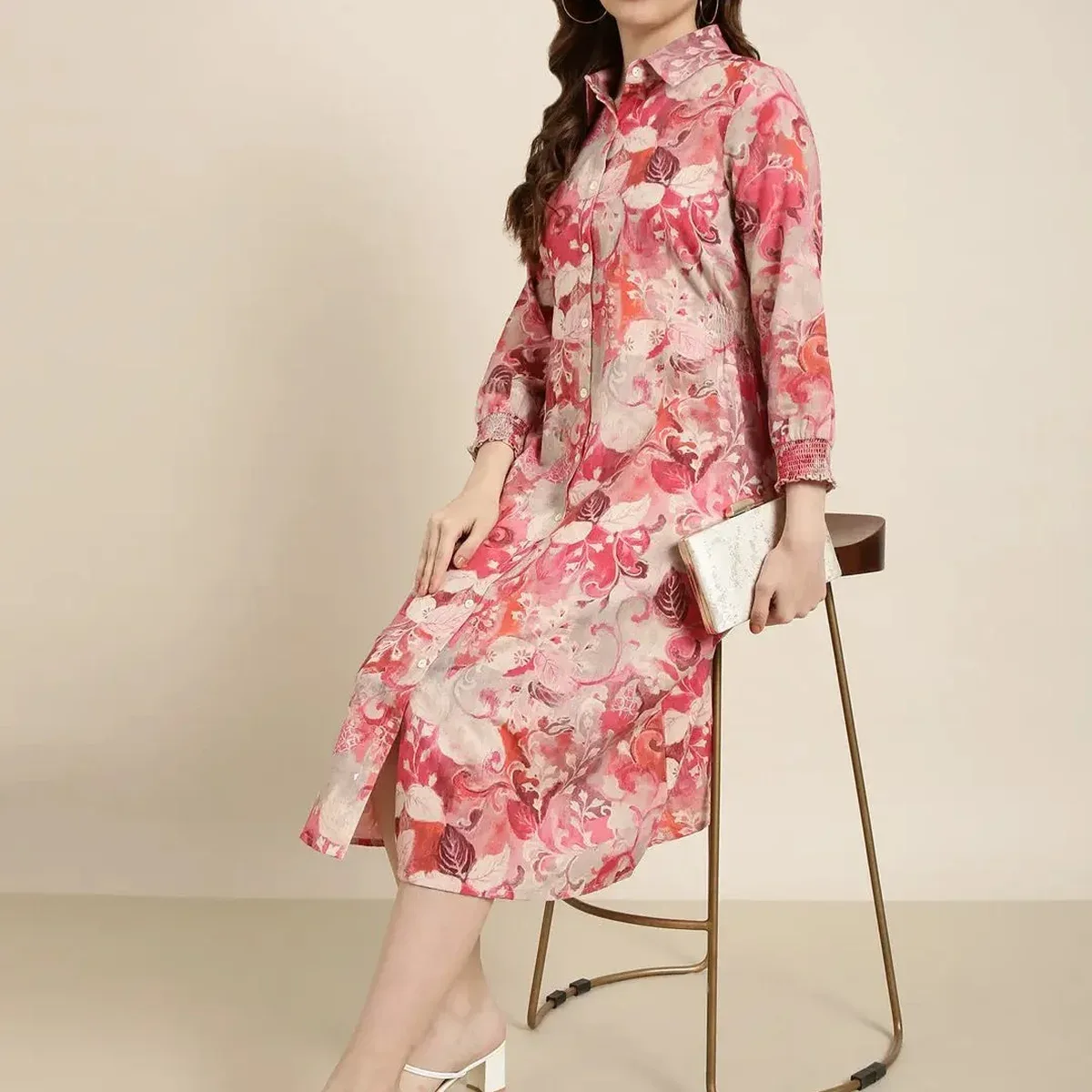 Women's Pink Floral Print Cotton A-Line Dress, photo 1 of 4
